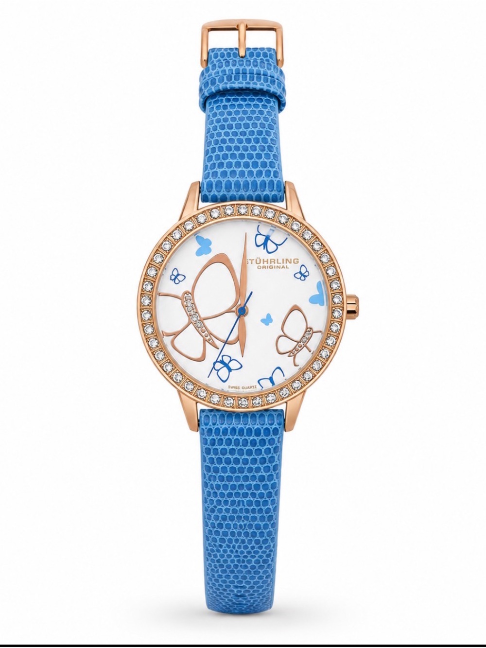 Stuhrling Original Blue Leather Strap Watch with Rose Gold Buckle